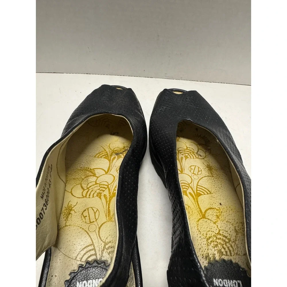 Fly London Yala Black Perforated Leather Peep Toe Wedge Slingback Sandals 40 9